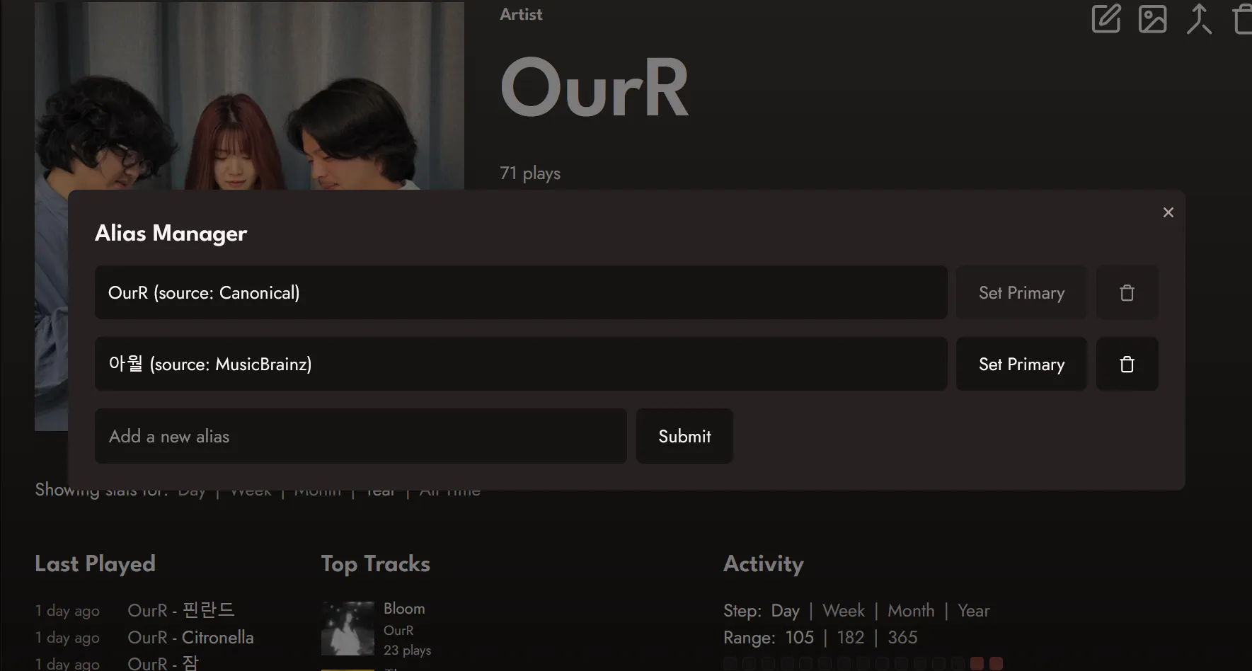 a menu showing current aliases, with editing options