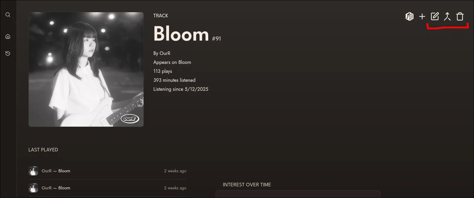 A Koito page for the track Bloom by OurR, showing the editing options