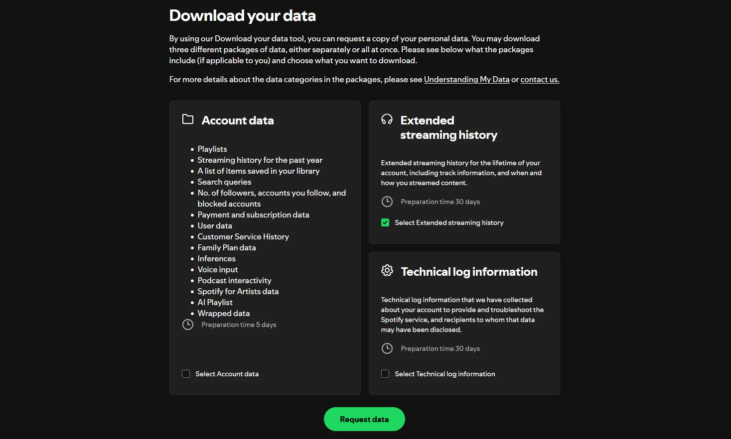 The Spotify data export page